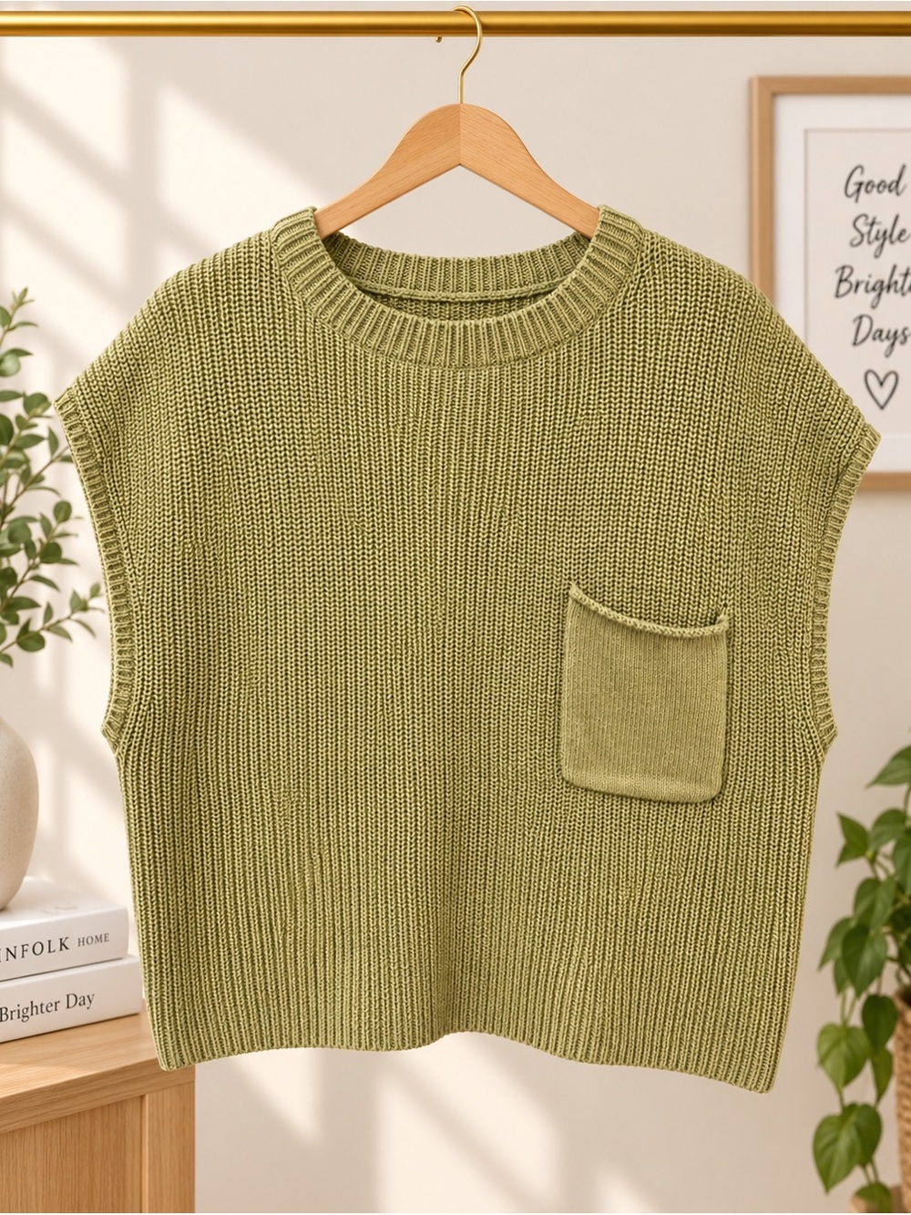 By Together Olive Green Knit Pocket Sweater Vest